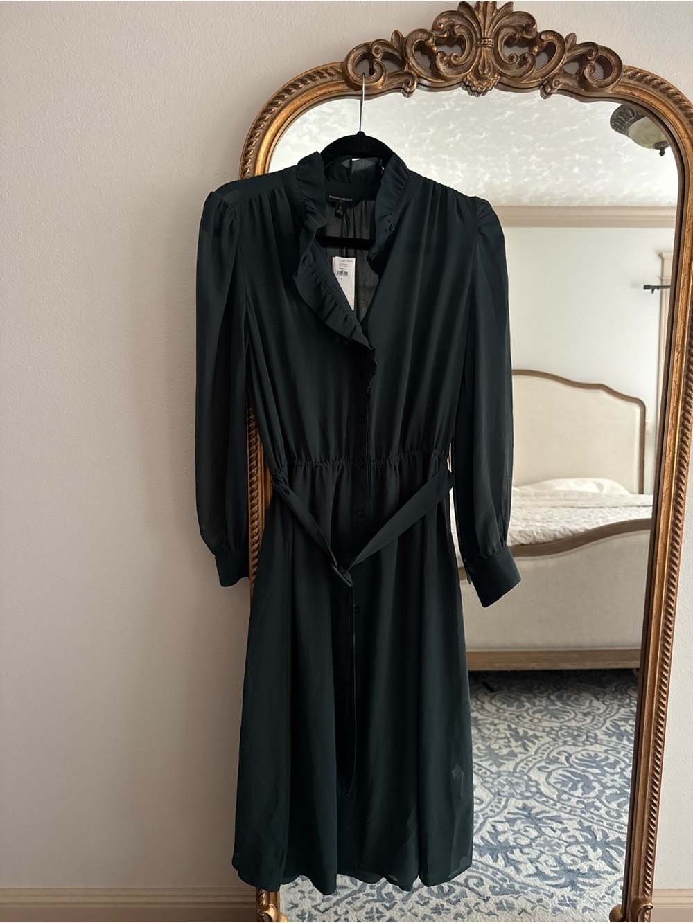 Brand New Banana Republic Dark Green/Teal Long-Sleeve Ruffle-Neck Shirt Dress
